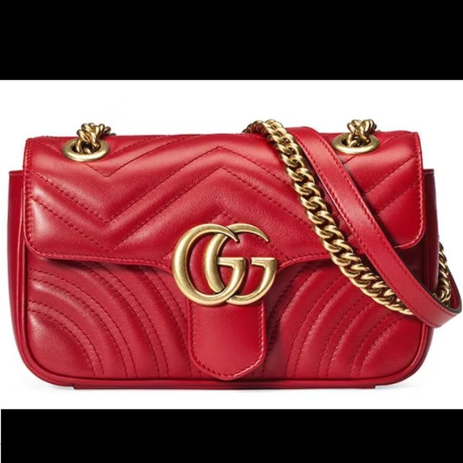 【預購】GUCCI GG Marmont 22cm 經典迷你雙G LOGO牛皮山字紋肩背包(芙蓉紅) 斜背包 側背包 單肩包 腋下包-1