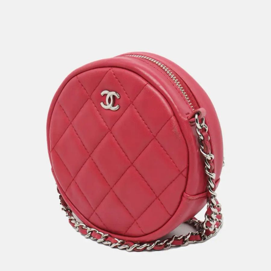 CHANEL 圓餅包 迷你 玫紅色羊皮菱格紋 絎縫斜挎包單肩包 銀色五金 26開-2