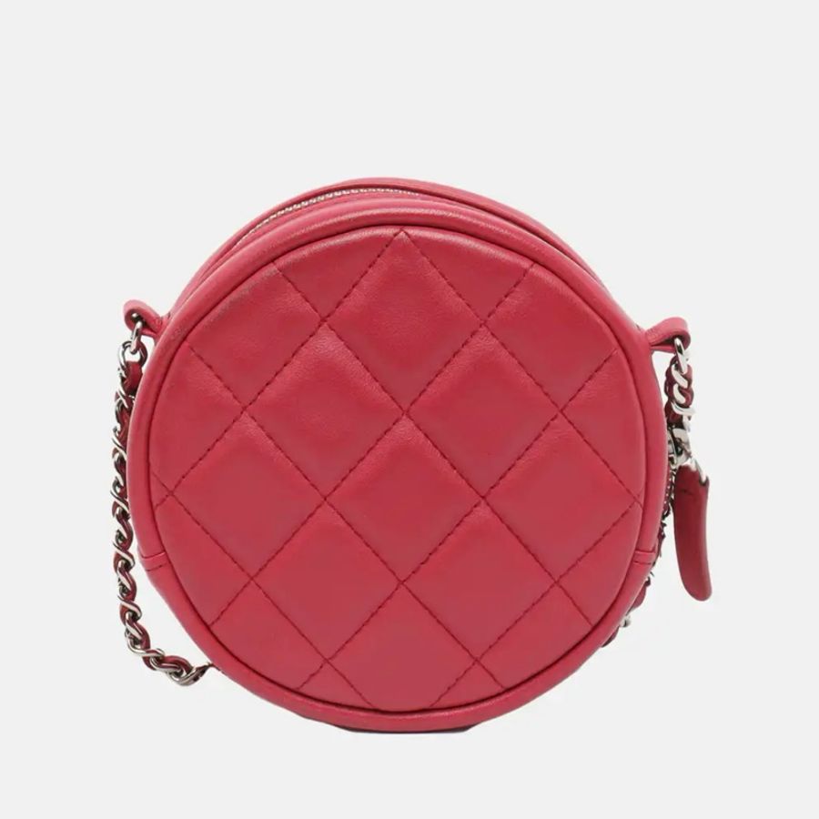 CHANEL 圓餅包 迷你 玫紅色羊皮菱格紋 絎縫斜挎包單肩包 銀色五金 26開-3