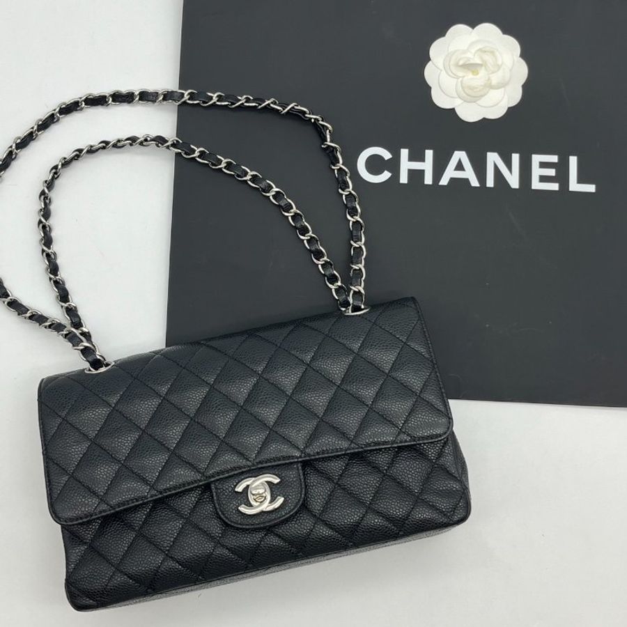 CHANEL 香奈兒 黑銀 荔枝皮25公分CF鍊包/COCO包/肩背包/斜背包-0