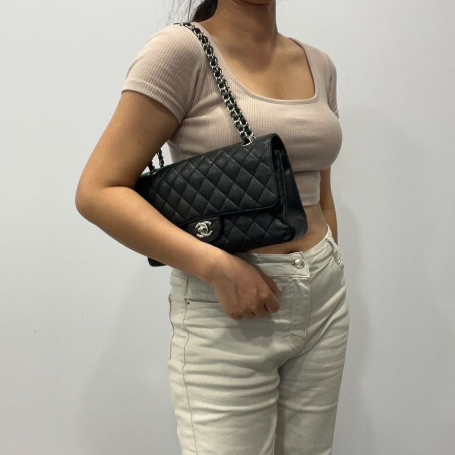 CHANEL 香奈兒 黑銀 荔枝皮25公分CF鍊包/COCO包/肩背包/斜背包-10