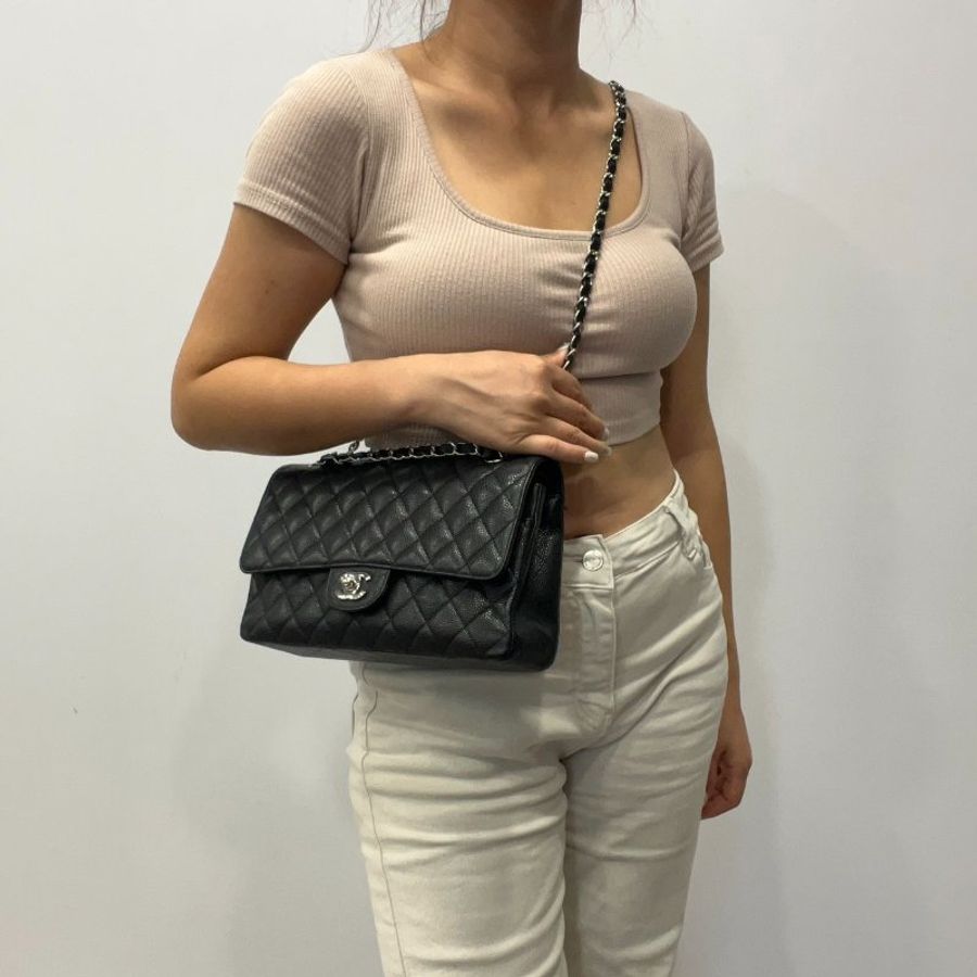 CHANEL 香奈兒 黑銀 荔枝皮25公分CF鍊包/COCO包/肩背包/斜背包-11