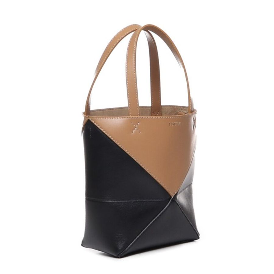 【LOEWE 羅威】Mini Puzzle Fold Tote 迷你 亮面小牛皮 折疊 托特包 肩背包 拼色 暖沙色 黑色-1