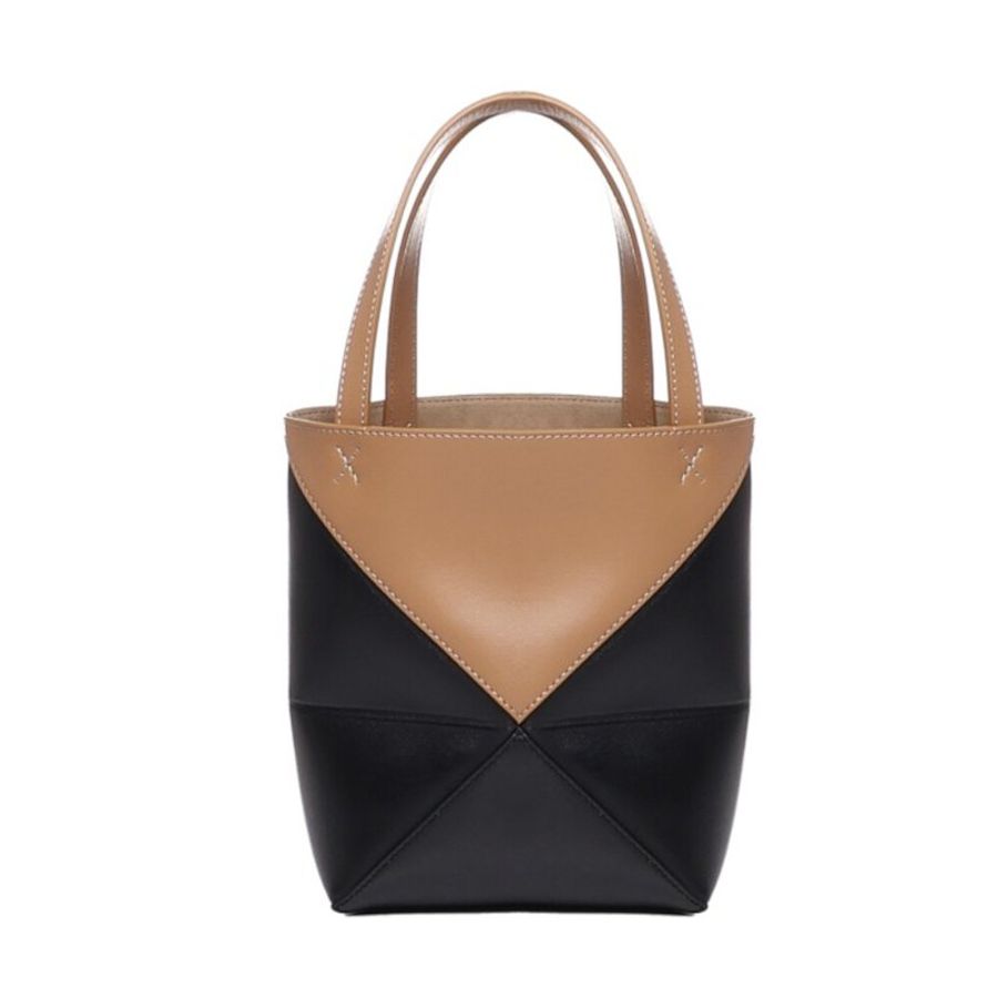 【LOEWE 羅威】Mini Puzzle Fold Tote 迷你 亮面小牛皮 折疊 托特包 肩背包 拼色 暖沙色 黑色-3