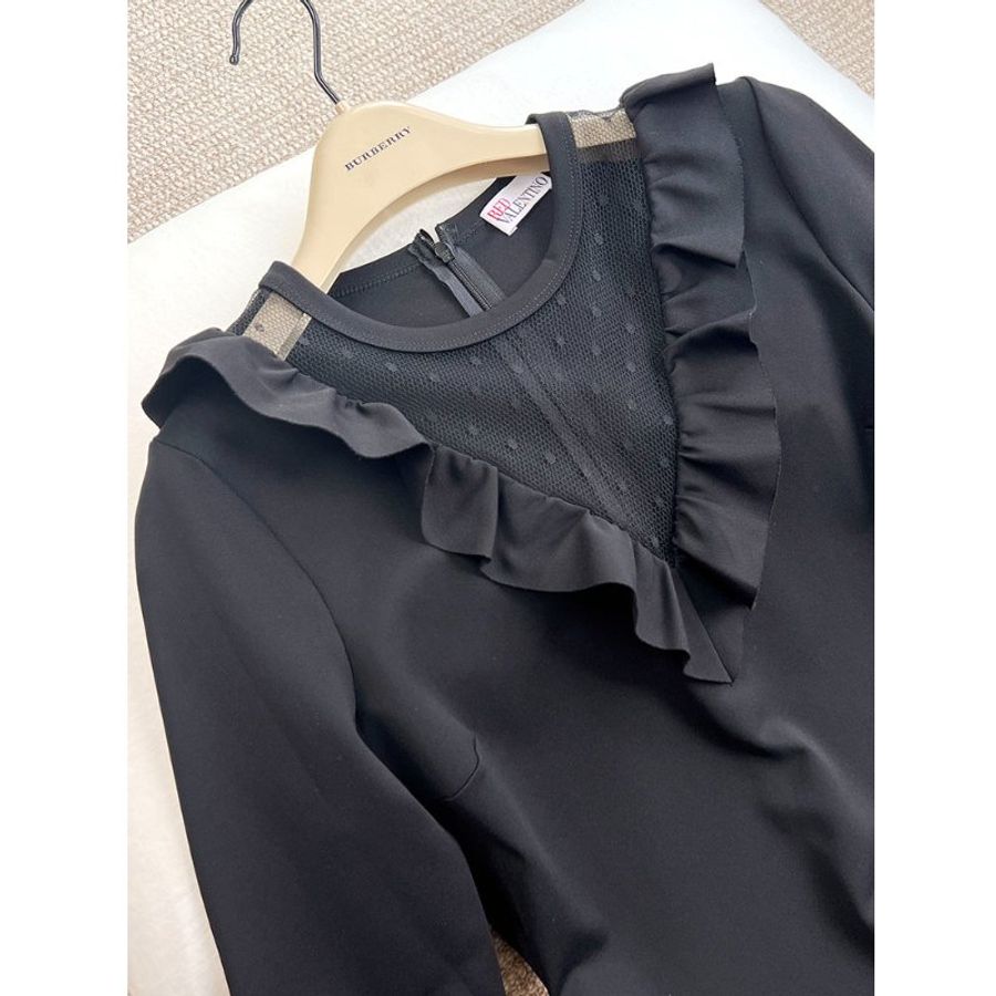 全新 / RED VALENTINO 黑紗深V蕾絲長袖洋裝-6