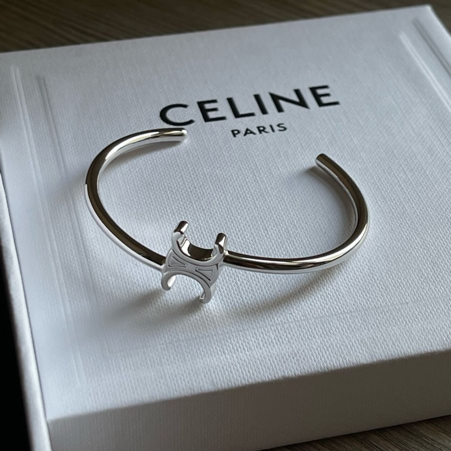 Celine 銠銀色飾面黃銅TRIOMPHE不對稱手鐲 银色-4