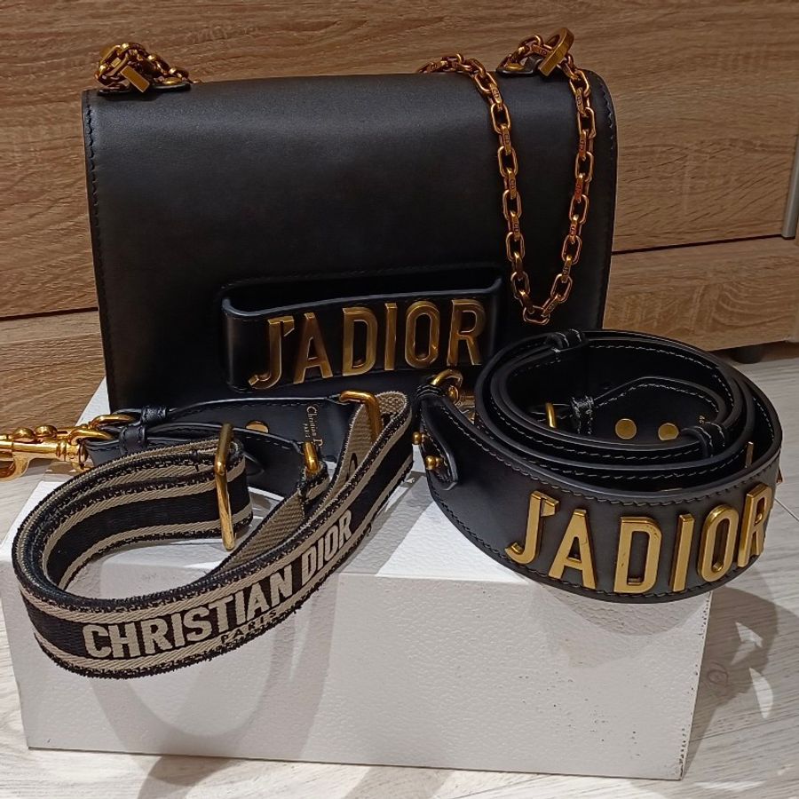 Christian Dior 經典 J’ADIOR 肩背包 鍊帶肩背包 手拿包 斜背包掀蓋式 黑色小牛皮 另附兩款背帶-0