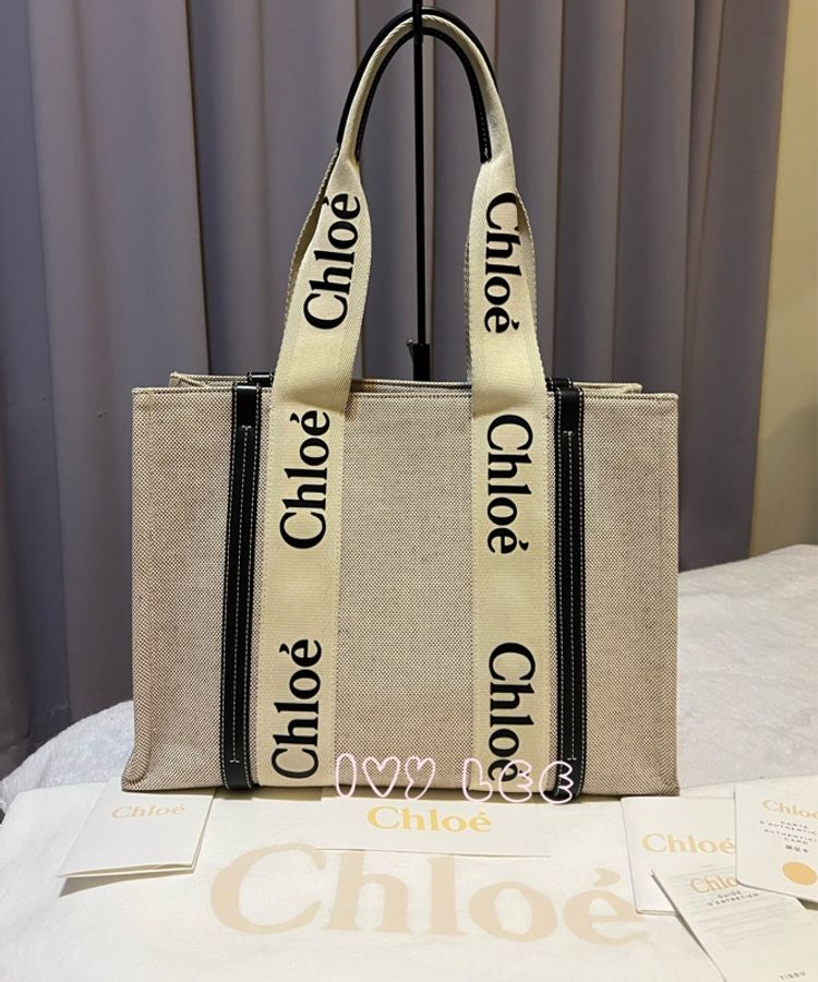 CHLOE Medium Woody（已售出）中款 帆布 托特包 深藍黑 二手精品-0