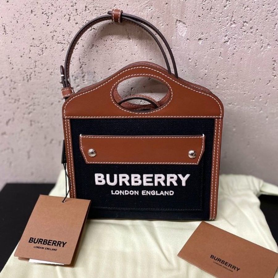 Burberry 80551871 Pocket 迷你双色帆布拼皮革口袋包 黑色《佳節年終折扣》-3