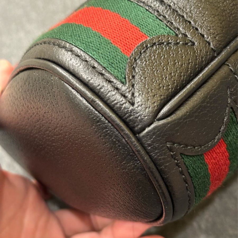 已售出【GUCCI 古馳】GUCCI OPHIDIA雙G金屬 LOGO綠紅綠織帶牛皮束口斜背水桶包(小/黑)-25