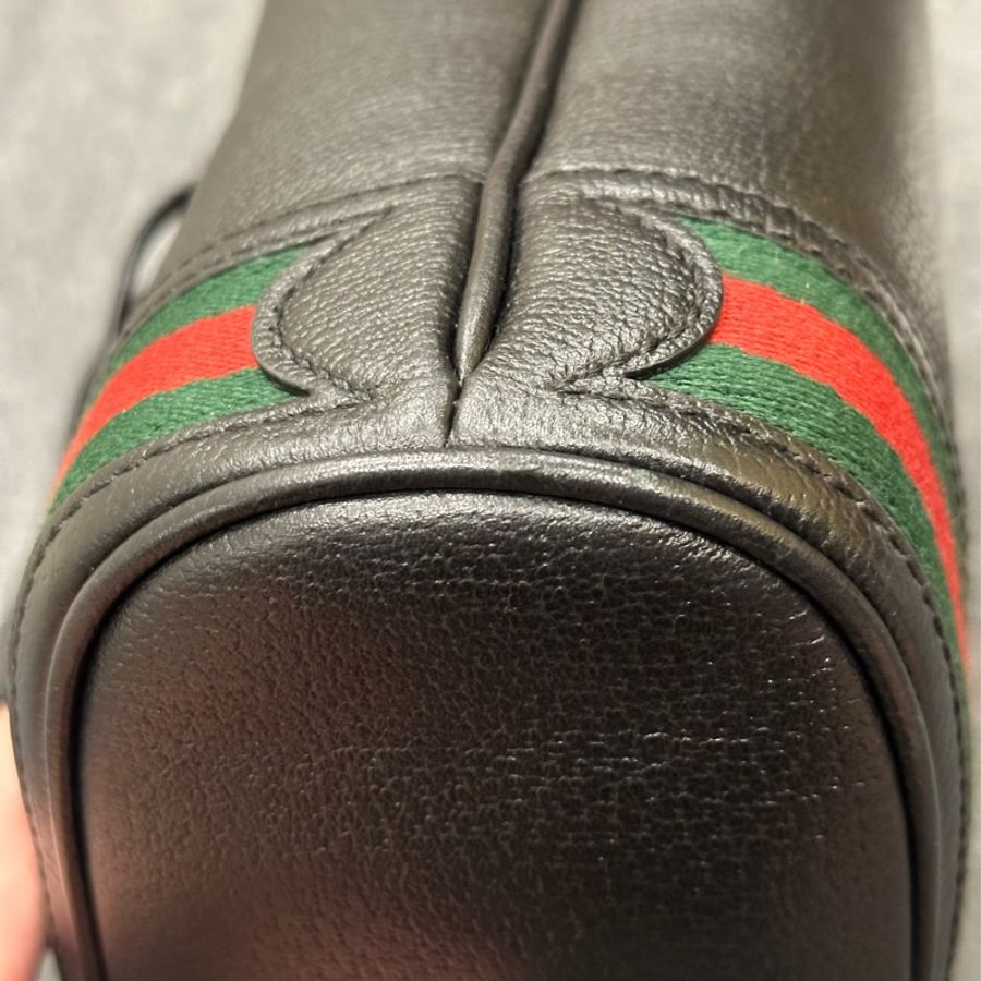 已售出【GUCCI 古馳】GUCCI OPHIDIA雙G金屬 LOGO綠紅綠織帶牛皮束口斜背水桶包(小/黑)-26
