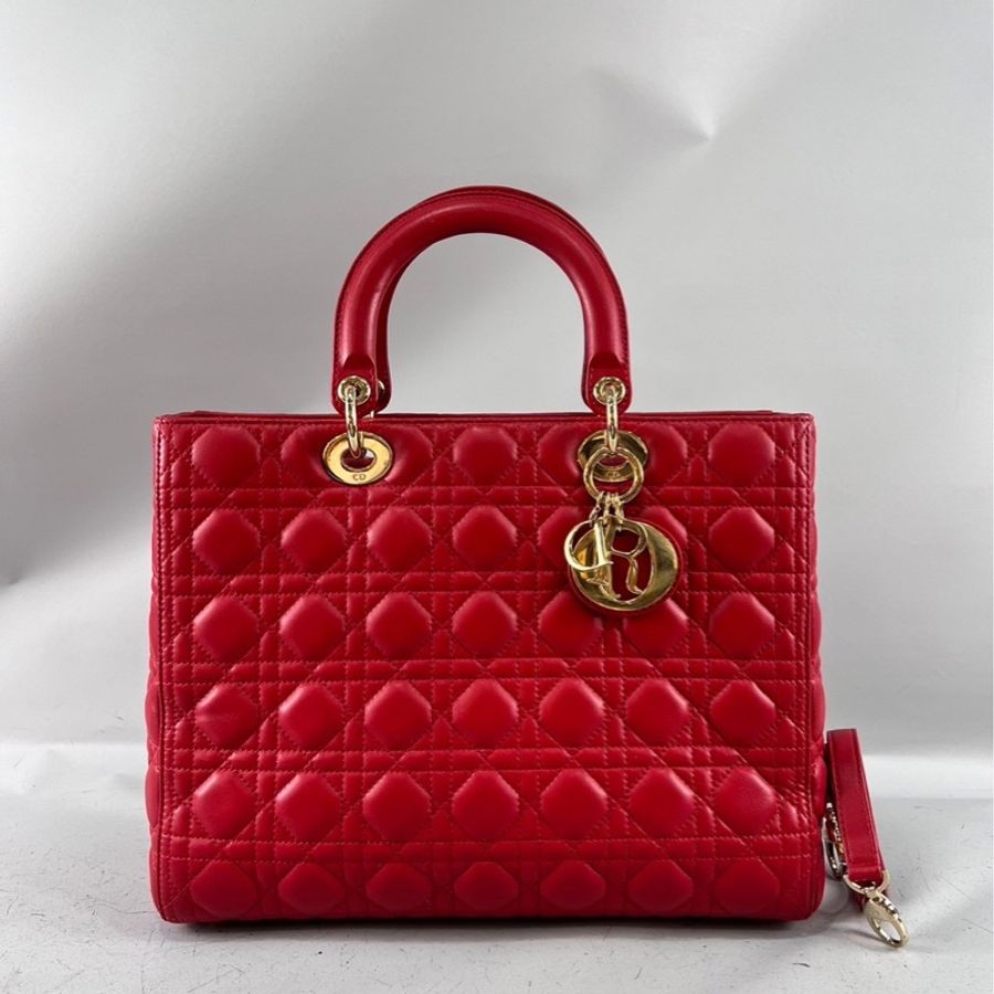 DIOR CAL44560 紅色 金釦 大號 黛妃包 Lady Dior 手提包 肩背包-5