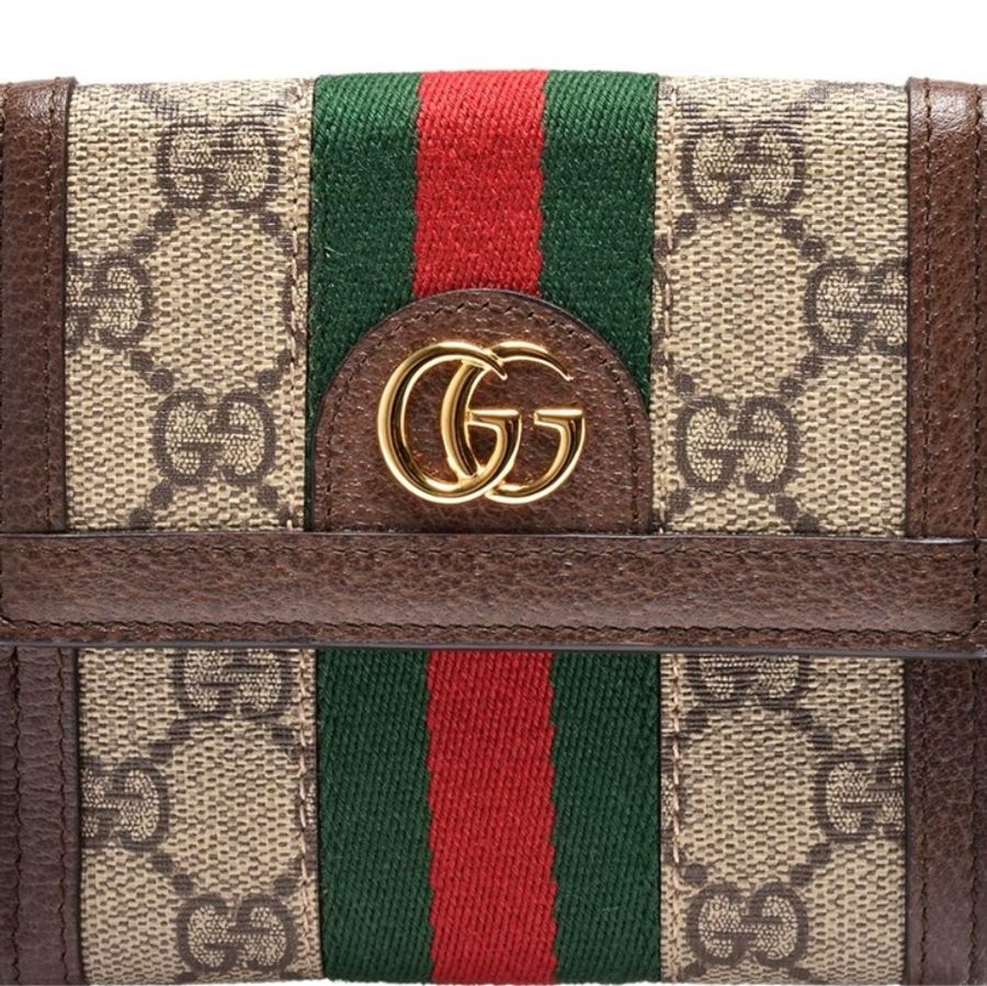 GUCCI 古馳 經典Ophidia GG印花帆布牛皮飾邊暗釦短夾(棕523173-96IWG-8745)-0