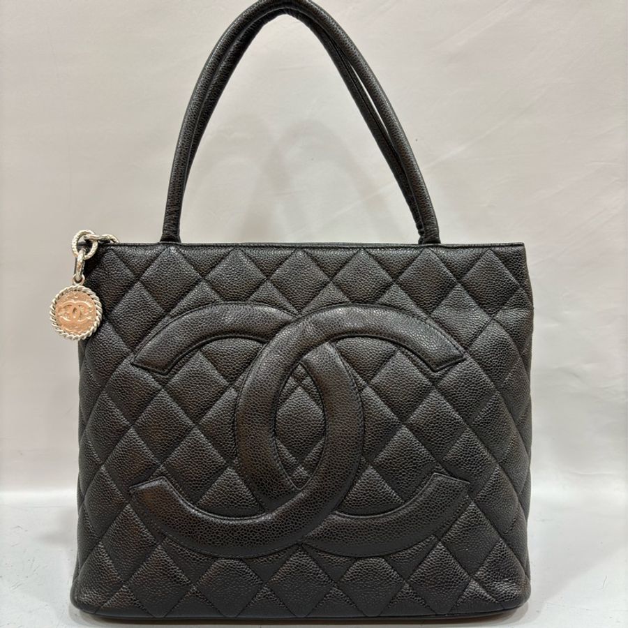 CHANEL 1804 黑色 荔枝皮 銀釦 金幣包 手提包 Vintage-0