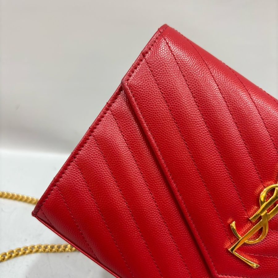YSL 377828 紅色 魚子醬 金釦 Woc 鍊子錢包 鍊包 晚宴包 皮夾-14