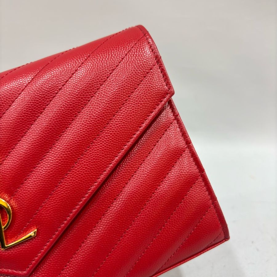 YSL 377828 紅色 魚子醬 金釦 Woc 鍊子錢包 鍊包 晚宴包 皮夾-15