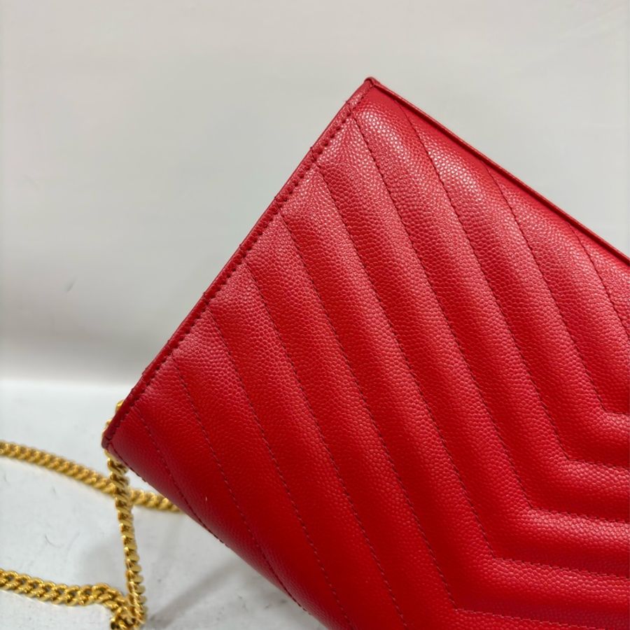 YSL 377828 紅色 魚子醬 金釦 Woc 鍊子錢包 鍊包 晚宴包 皮夾-17