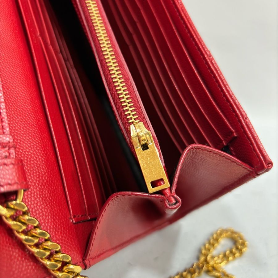 YSL 377828 紅色 魚子醬 金釦 Woc 鍊子錢包 鍊包 晚宴包 皮夾-20