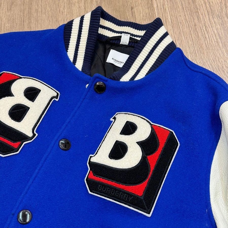 BURBERRY 藍色 羊毛 皮袖 新款 LOGO 立領夾克 棒球外套 9新少穿 買原價近11萬 🤎52號 割愛收藏價 49999買到賺到 🤎🤎🤎-1