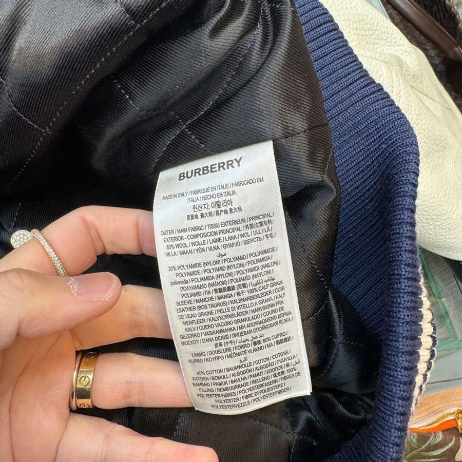 BURBERRY 藍色 羊毛 皮袖 新款 LOGO 立領夾克 棒球外套 9新少穿 買原價近11萬 🤎52號 割愛收藏價 49999買到賺到 🤎🤎🤎-3
