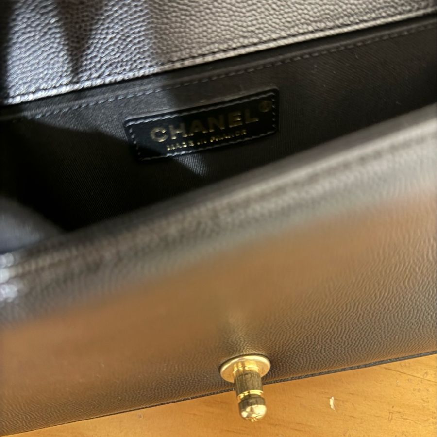 全新 香奈兒Chanel le boy 黑色 金釦 荔枝牛皮 中號-7