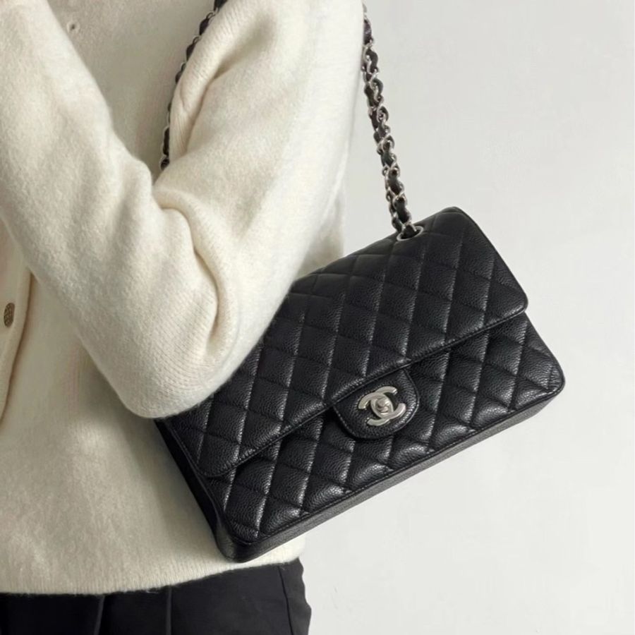 CHANEL CF25 黑銀 牛皮魚子醬紋 近全新-1