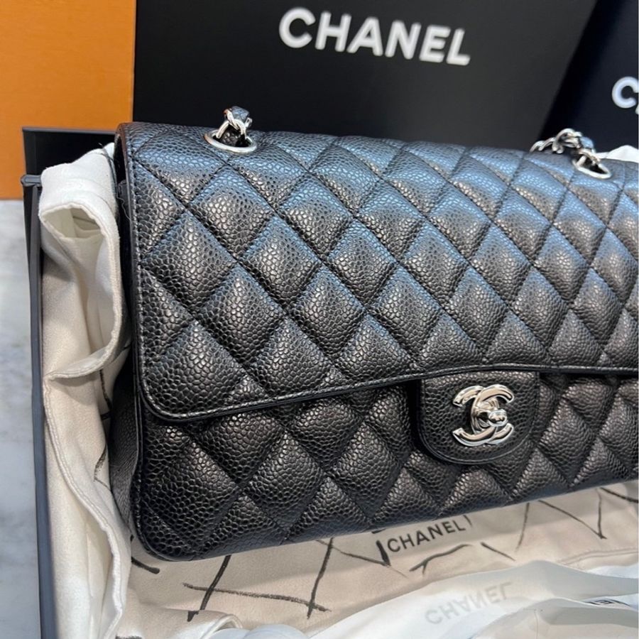 CHANEL CF25 黑銀 牛皮魚子醬紋 近全新-2