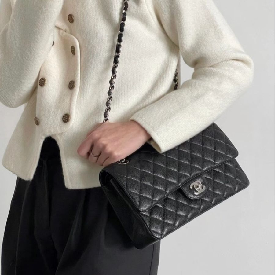 CHANEL CF25 黑銀 牛皮魚子醬紋 近全新-3