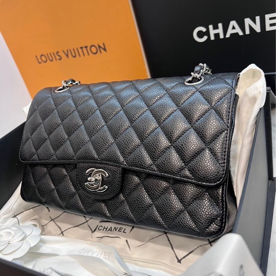 CHANEL CF25 黑銀 牛皮魚子醬紋 近全新-4