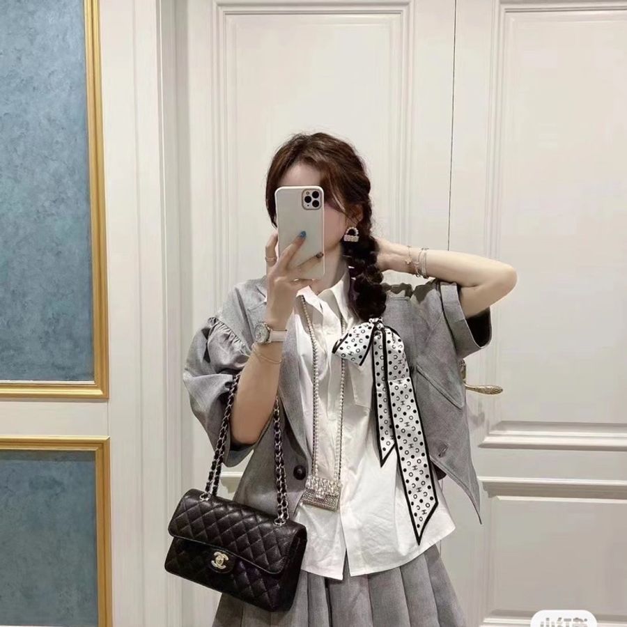 CHANEL CF25 黑銀 牛皮魚子醬紋 近全新-5