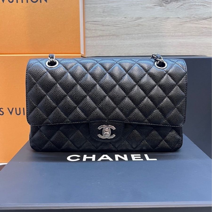 CHANEL CF25 黑銀 牛皮魚子醬紋 近全新-10