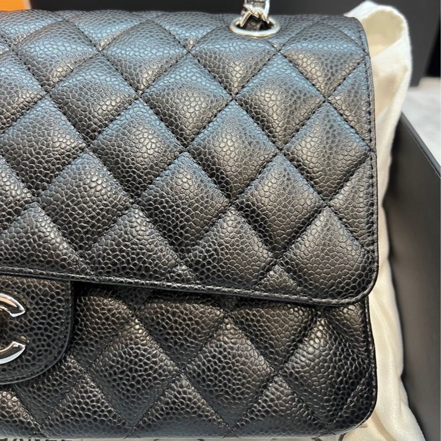 CHANEL CF25 黑銀 牛皮魚子醬紋 近全新-14