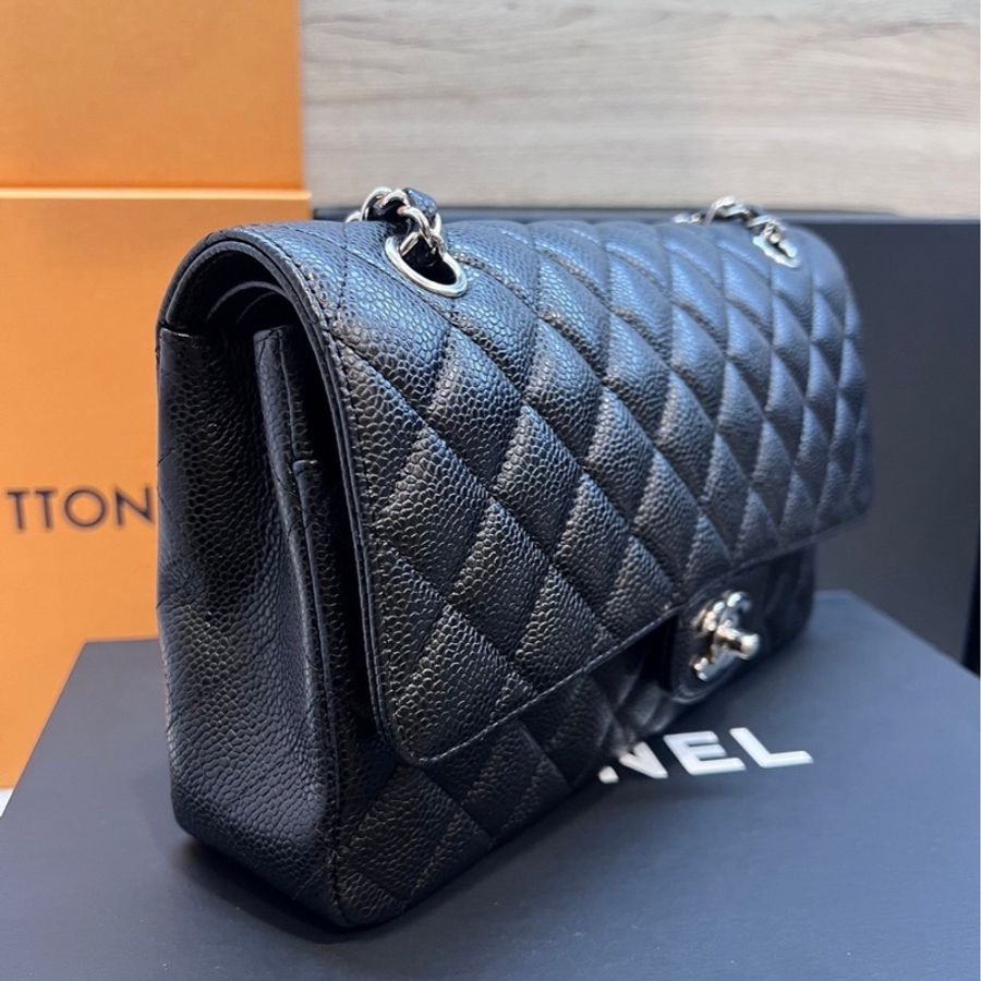 CHANEL CF25 黑銀 牛皮魚子醬紋 近全新-17
