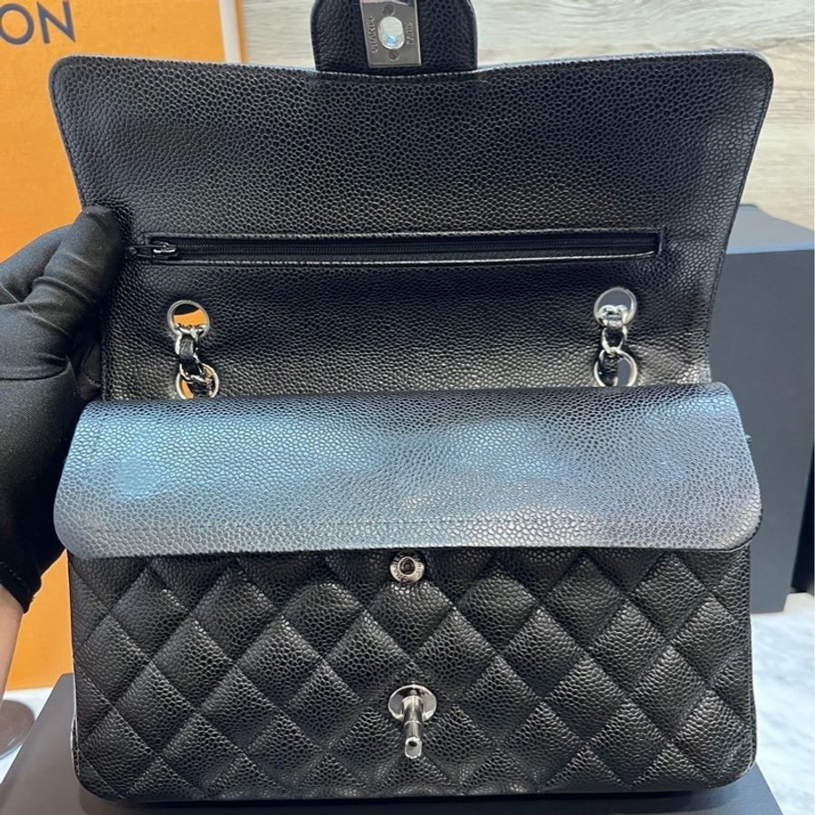 CHANEL CF25 黑銀 牛皮魚子醬紋 近全新-31