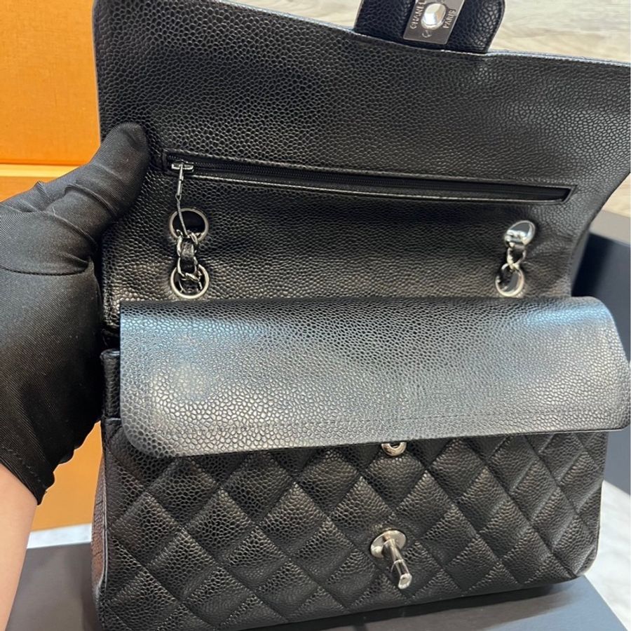 CHANEL CF25 黑銀 牛皮魚子醬紋 近全新-34