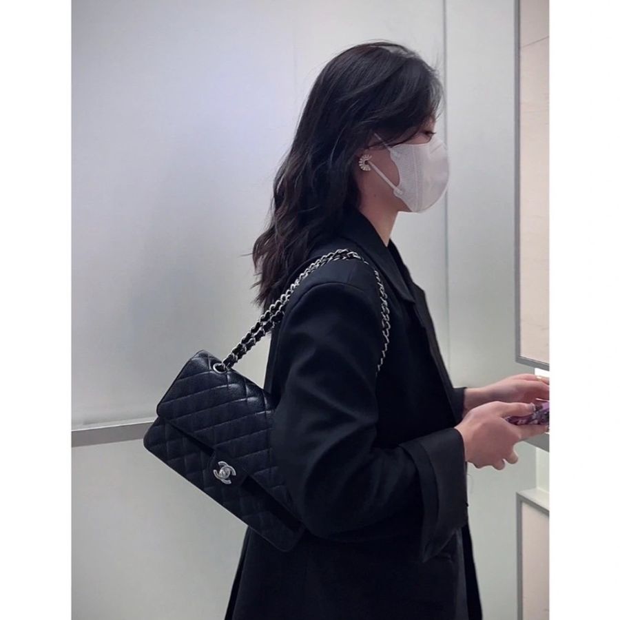 CHANEL CF25 黑銀 牛皮魚子醬紋 近全新-56