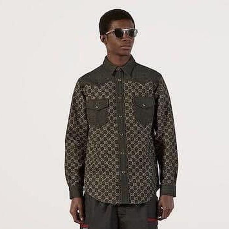 GUCCI 新款 深色 單寧 丹寧 logo 長袖 襯衫 外套 全新、原價約六萬 全新割愛35800心頭愛 ♠️52號 ♠️附吊牌、衣套-0