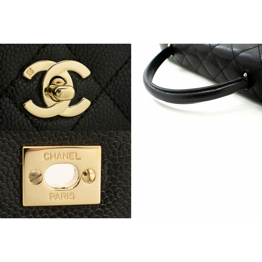 【日本直送】CHANEL 魚子醬手提包 頂部提手包 Kelly 黑色翻蓋皮革 金色-6