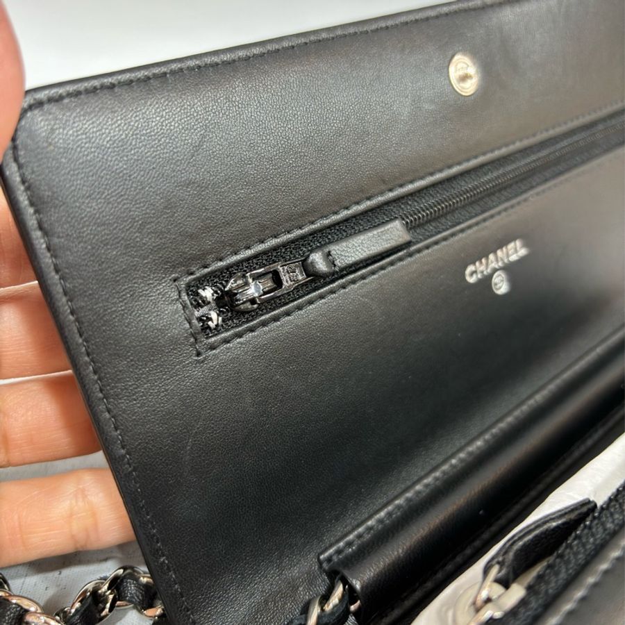 CHANEL A47421 黑色 山茶花 銀釦 鍊子錢包 woc-24