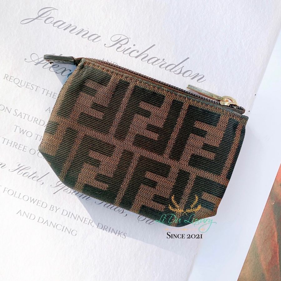 FENDI 芬迪 布面 緹花布 FFlogo 老花 一字拉鍊 零錢包 卡包-0