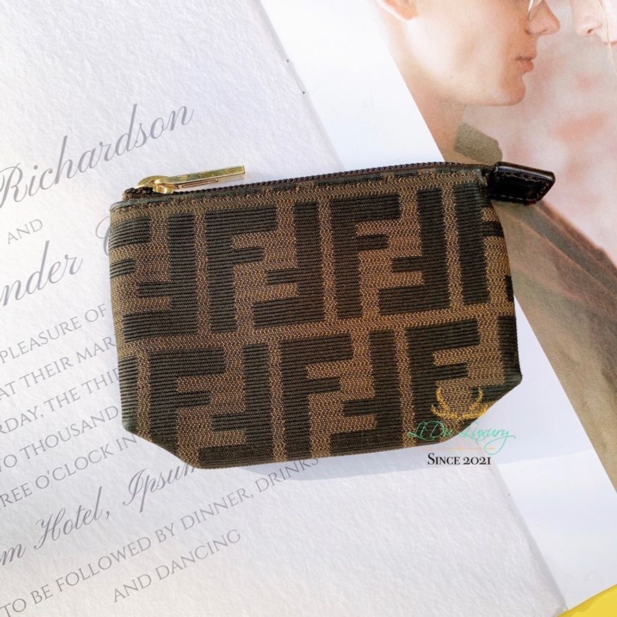 FENDI 芬迪 布面 緹花布 FFlogo 老花 一字拉鍊 零錢包 卡包-2