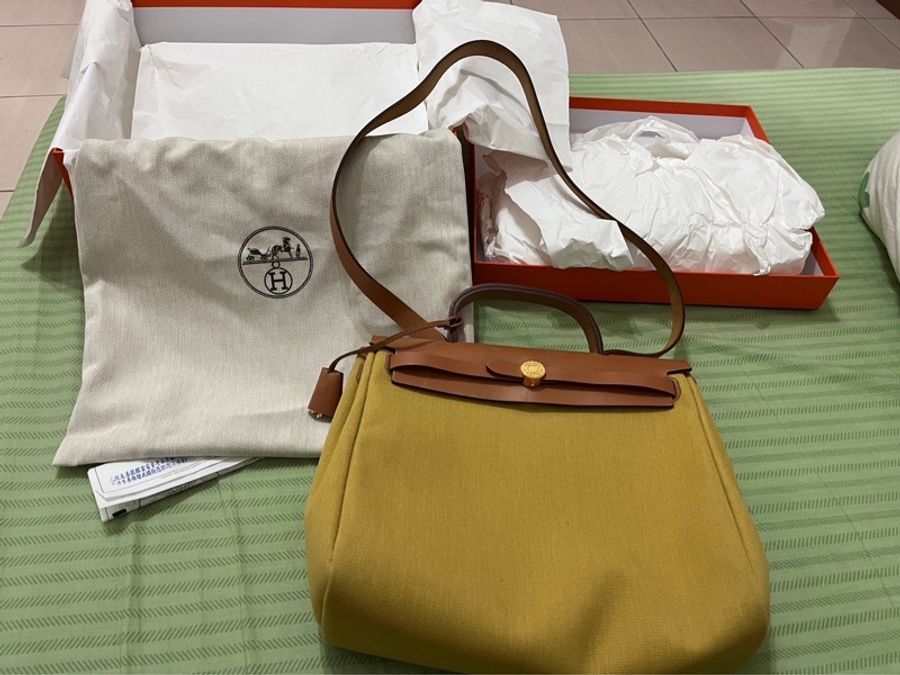 Hermes愛馬仕harbag31 帆布兩用包/金釦-4