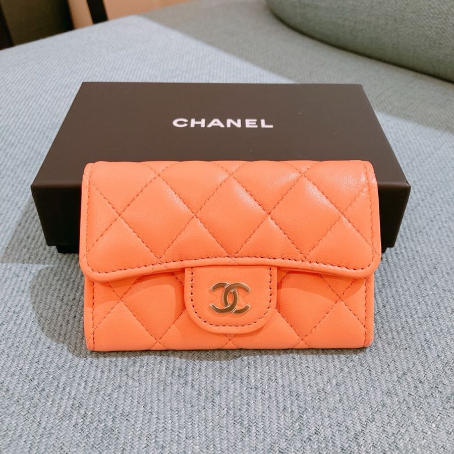 Chanel Flap Card Holder 香奈兒珊瑚粉紅羊皮卡包-8