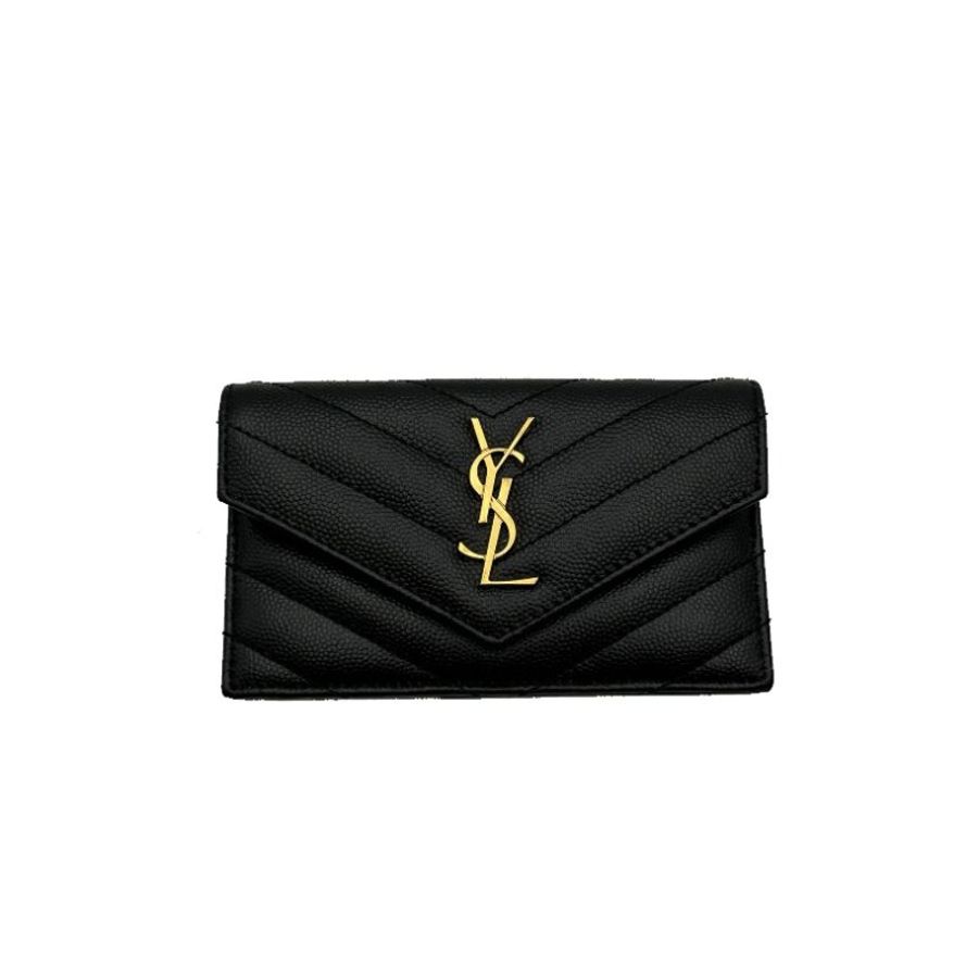 YSL 一字拉鍊零錢卡包 - 黑金-0