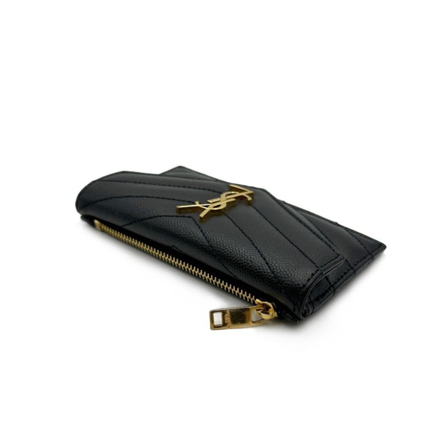YSL 一字拉鍊零錢卡包 - 黑金-3