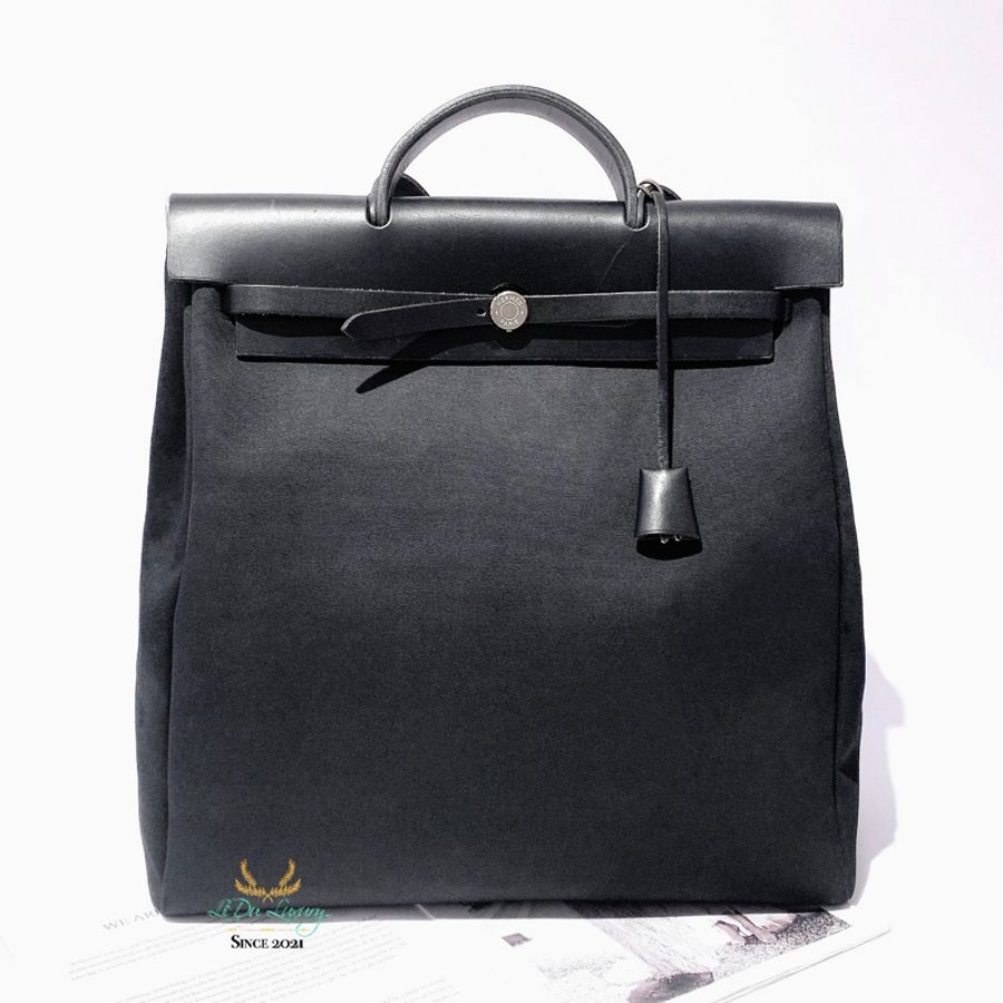 Hermès Herbag 黑色帆布銀釦直式 39公分 手提包 肩背包-0