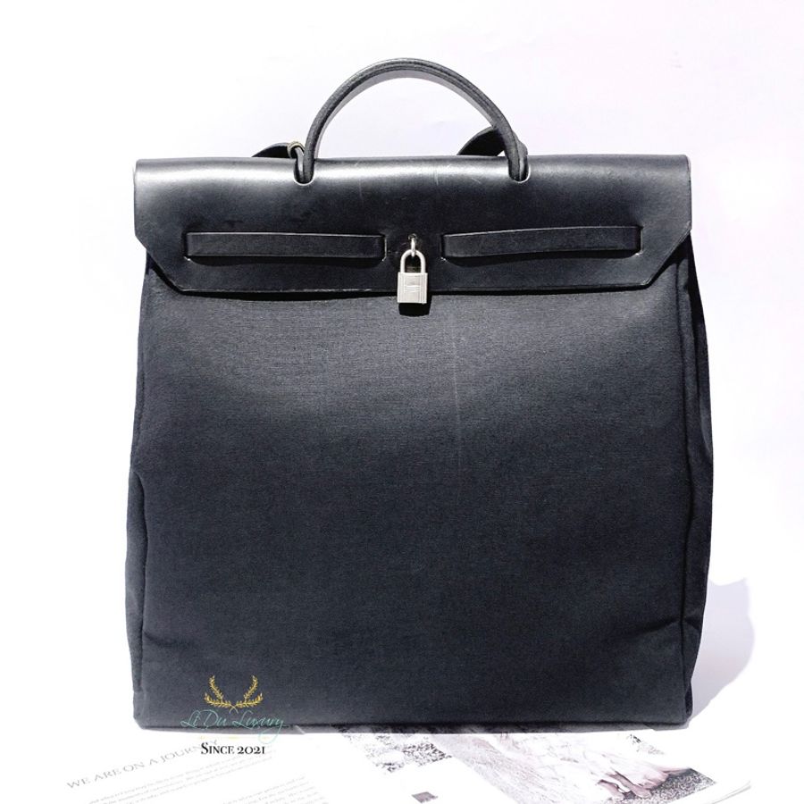 Hermès Herbag 黑色帆布銀釦直式 39公分 手提包 肩背包-2