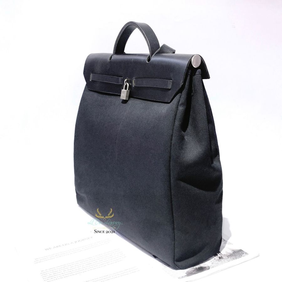 Hermès Herbag 黑色帆布銀釦直式 39公分 手提包 肩背包-3
