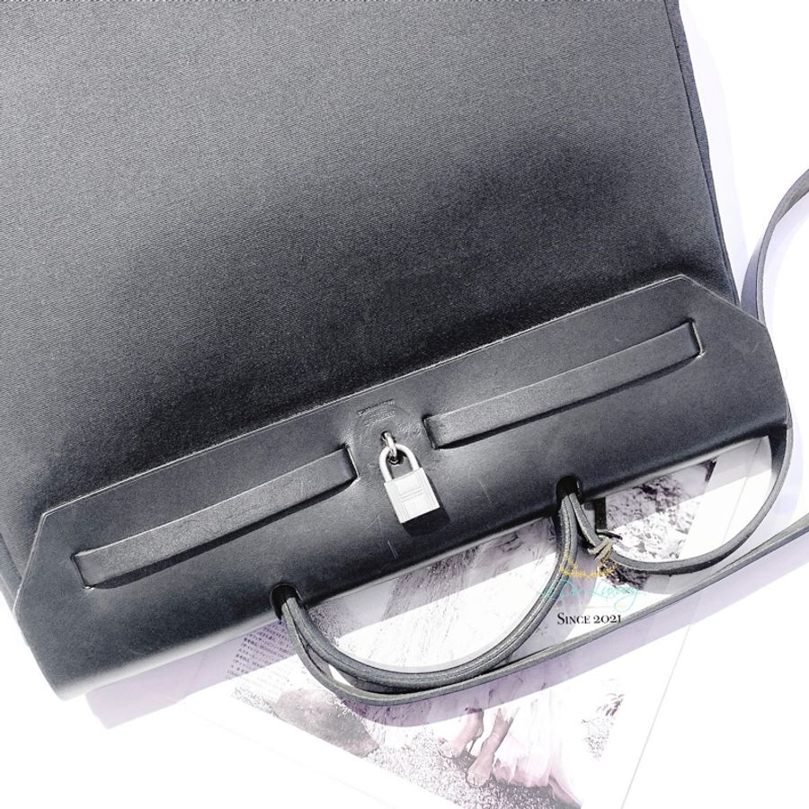 Hermès Herbag 黑色帆布銀釦直式 39公分 手提包 肩背包-7