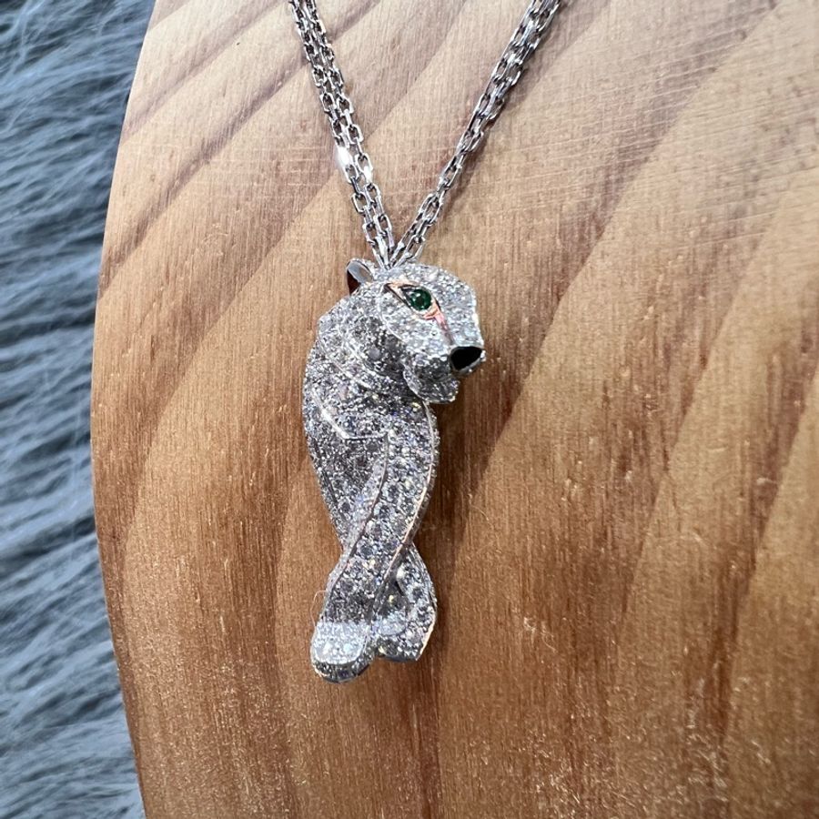 Cartier 卡地亞 18K白金 滿鑽 鑽豹 美洲豹 原鑲 項鍊 墜子-1